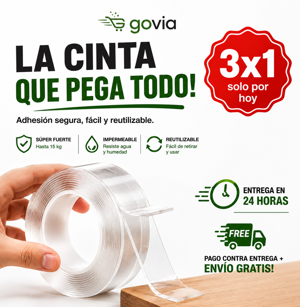 ¡PROMO 3X1! Cinta Doble Faz: Fija, Organiza y Decora sin Dañar tus Superficies