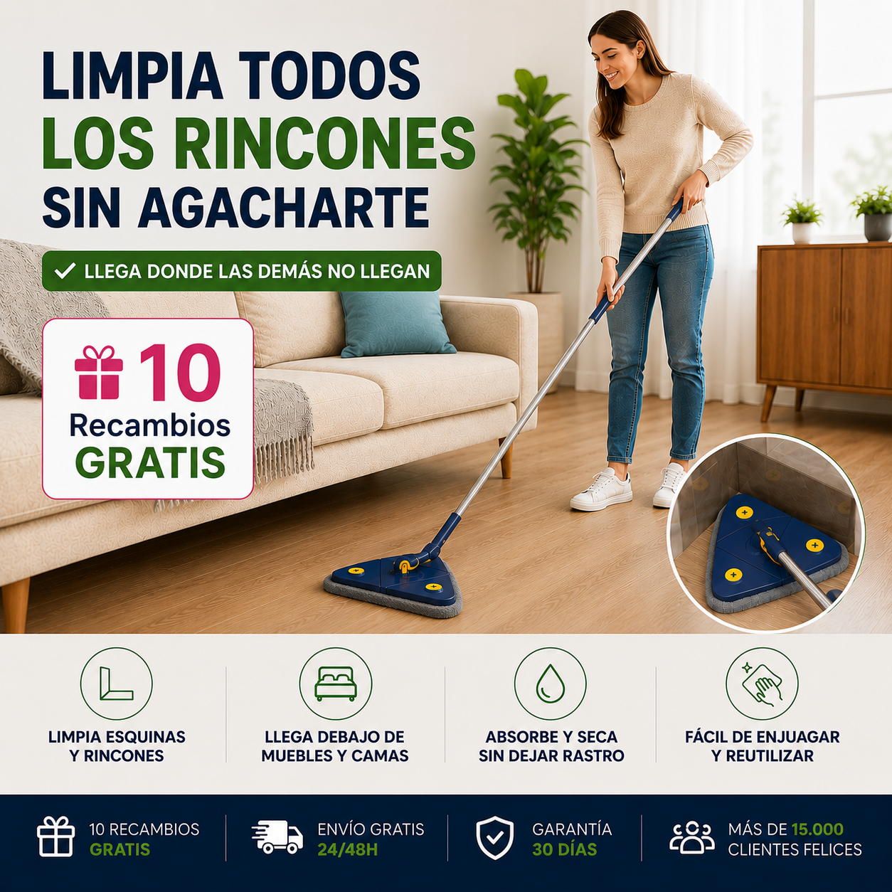 Limpia todos los rincones sin agacharte – Fregona 360° + 🎁 10 Recambios GRATIS