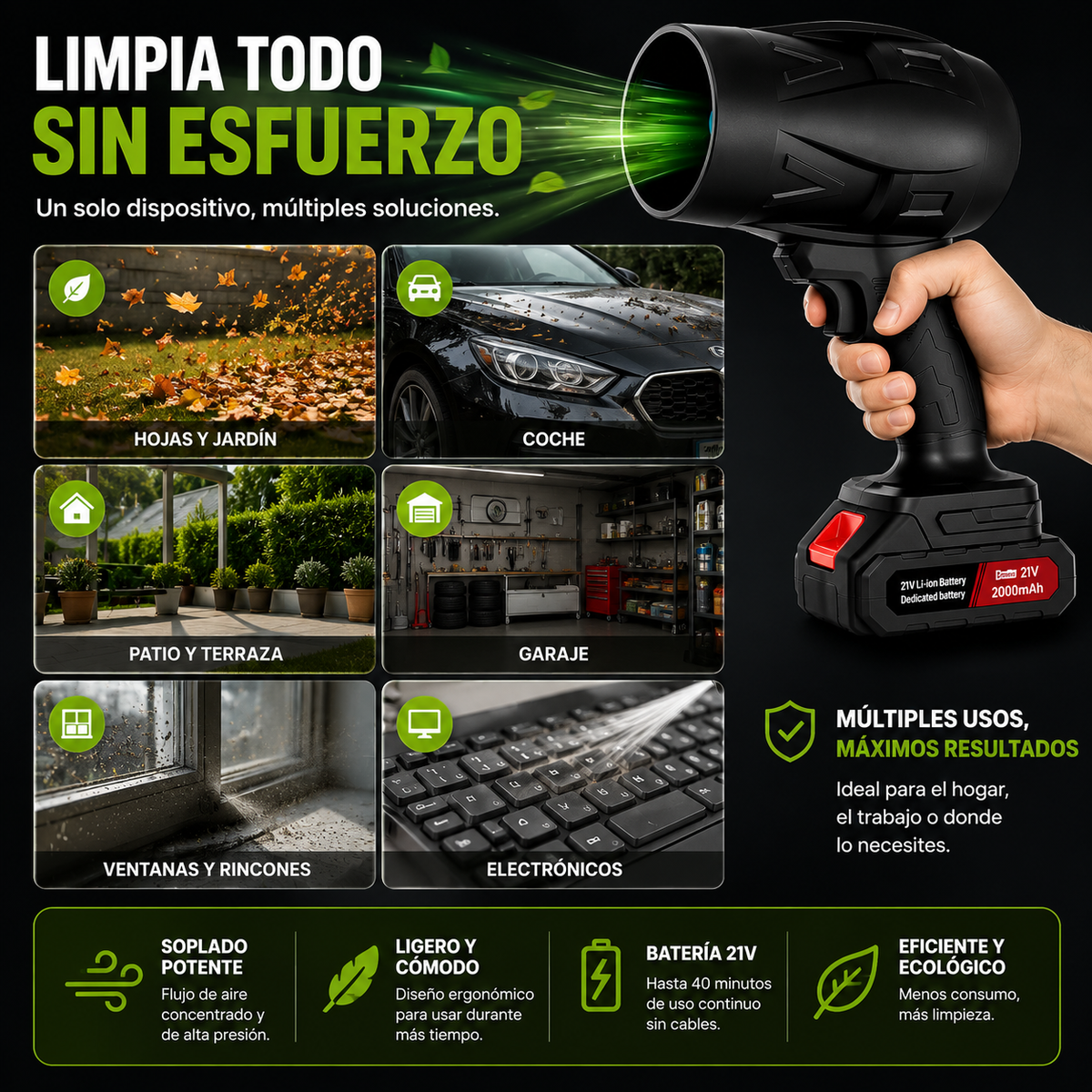 💨 TurboSoplador PRO™ 1500W | 2 Baterías + Maletín GRATIS | Potencia Profesional para Coche, Jardín y Hogar