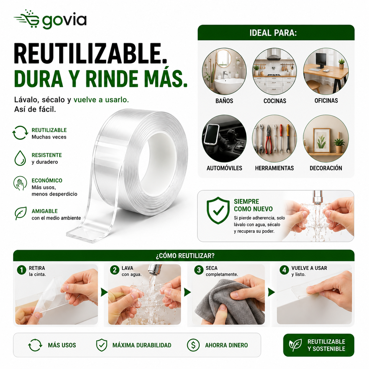¡PROMO 3X1! Cinta Doble Faz: Fija, Organiza y Decora sin Dañar tus Superficies