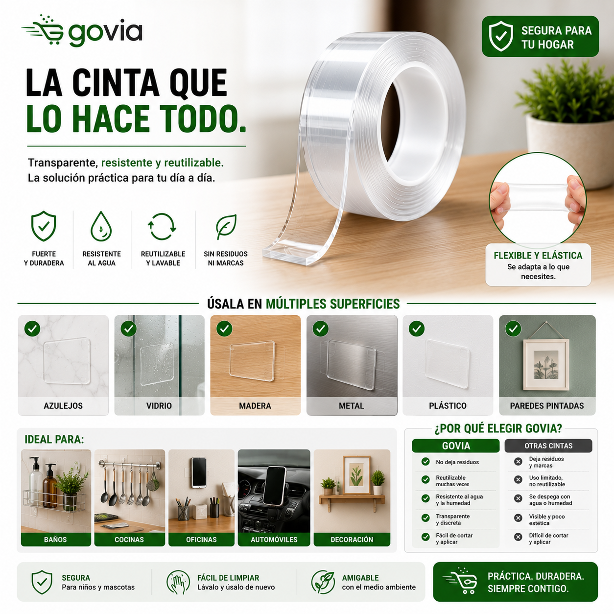 ¡PROMO 3X1! Cinta Doble Faz: Fija, Organiza y Decora sin Dañar tus Superficies