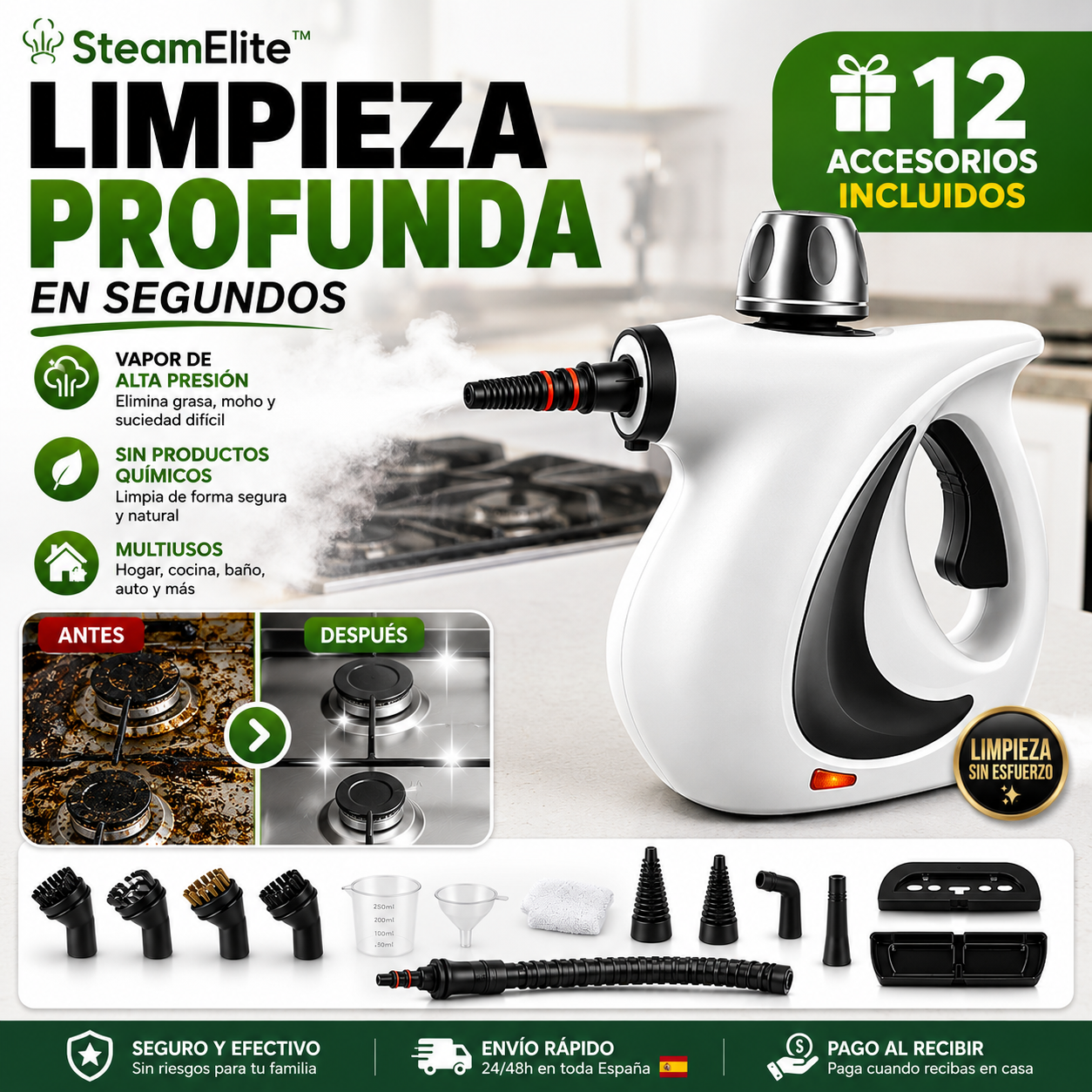 SteamElite™ Limpiador a Vapor Multifunción Incluye 12 accesorios + Vapor de alta presión + Envío Gratis 24h + Pago contra Reembolso 🔥
