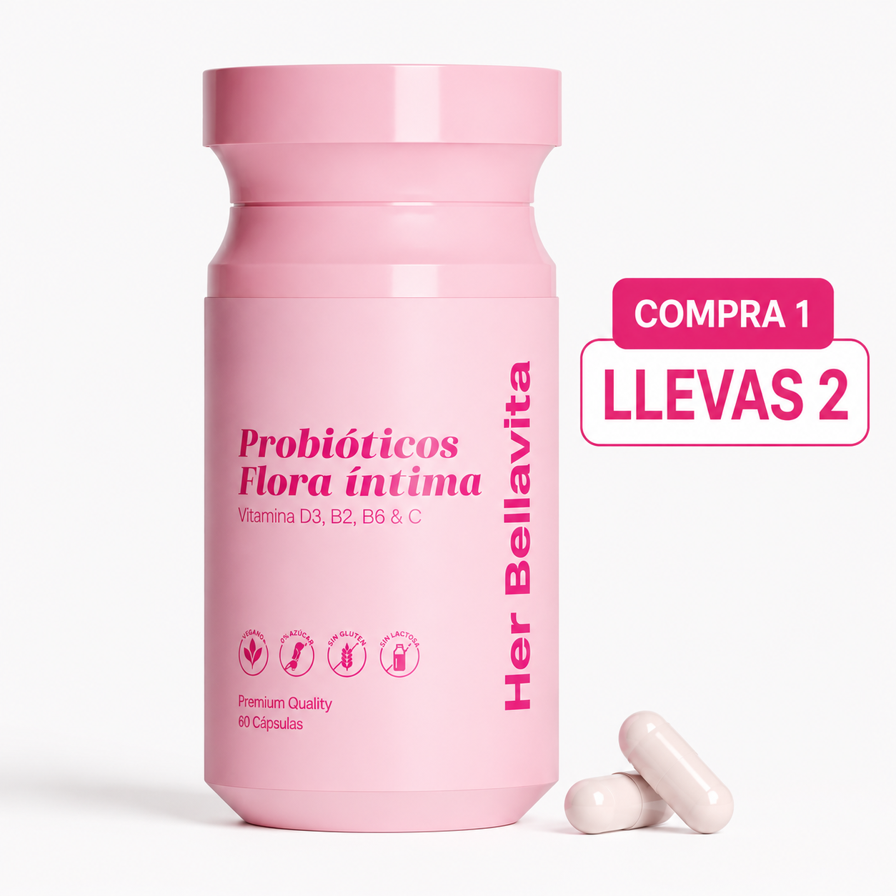Mezcla probiótica de 21 mil millones de UFC + Vitaminas para un olor vaginal y pH saludables.
