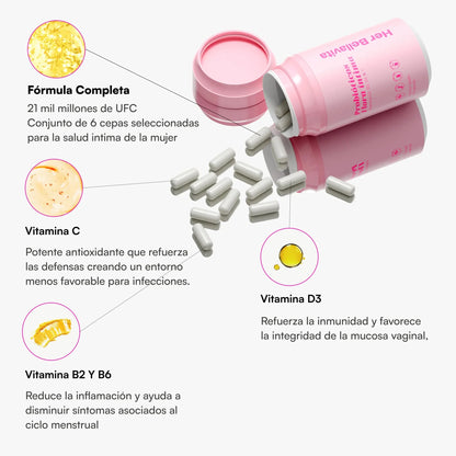 Mezcla probiótica de 21 mil millones de UFC + Vitaminas para un olor vaginal y pH saludables.
