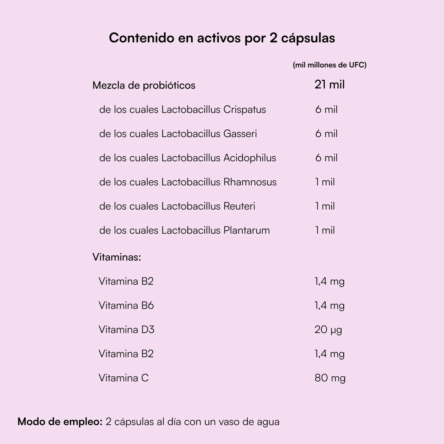 Mezcla probiótica de 21 mil millones de UFC + Vitaminas para un olor vaginal y pH saludables.