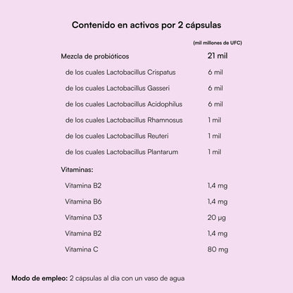 Mezcla probiótica de 21 mil millones de UFC + Vitaminas para un olor vaginal y pH saludables.